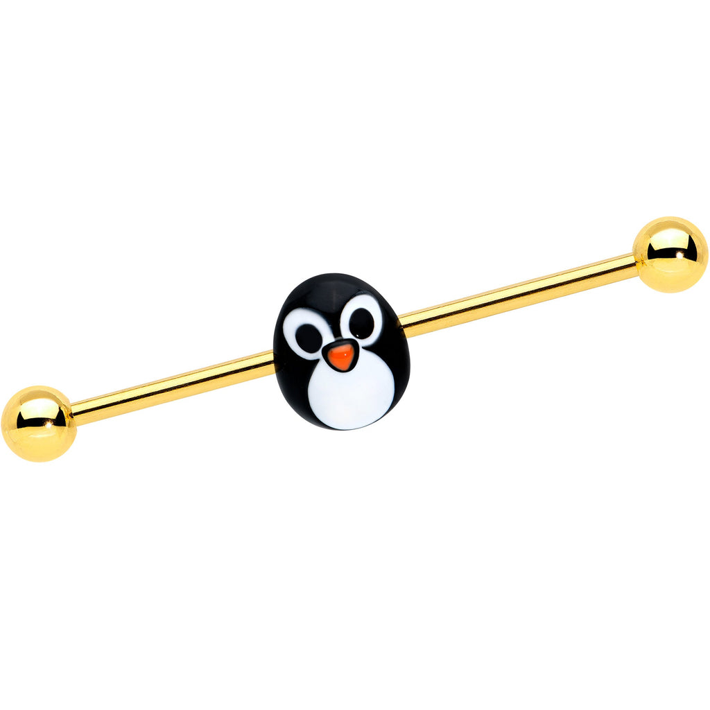 BodyCandy 14G Gold Tone Round Penguin Face Holiday Industrial Barbell 38mm — main product shot