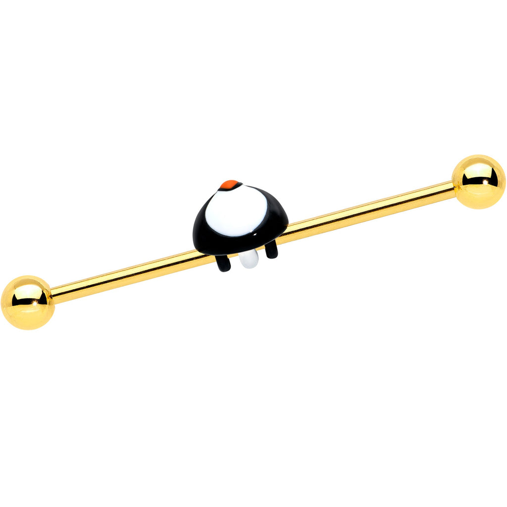 BodyCandy 14G Gold Tone Round Penguin Face Holiday Industrial Barbell 38mm — detail close-up