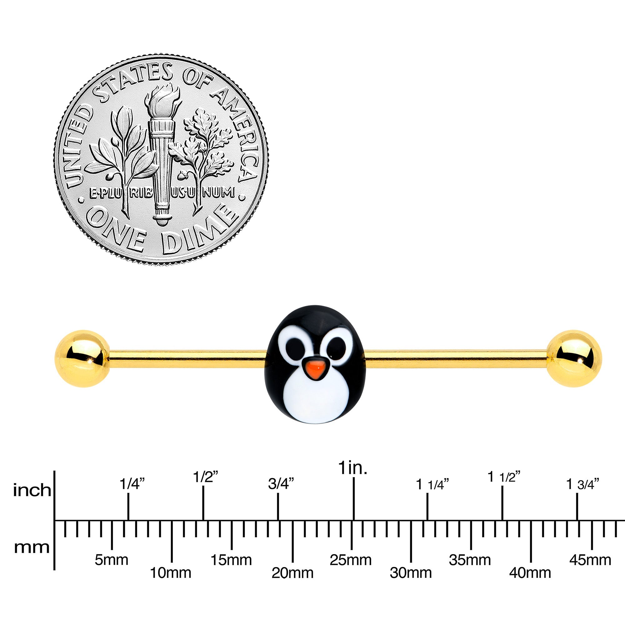 BodyCandy 14G Gold Tone Round Penguin Face Holiday Industrial Barbell 38mm — side view
