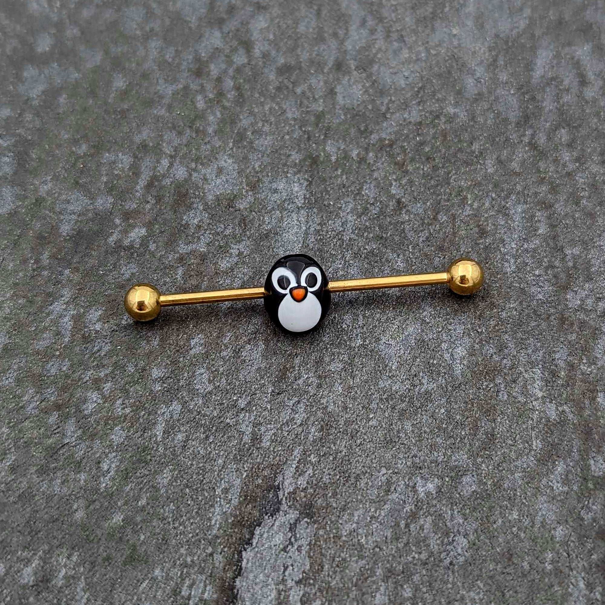 BodyCandy 14G Gold Tone Round Penguin Face Holiday Industrial Barbell 38mm — back view