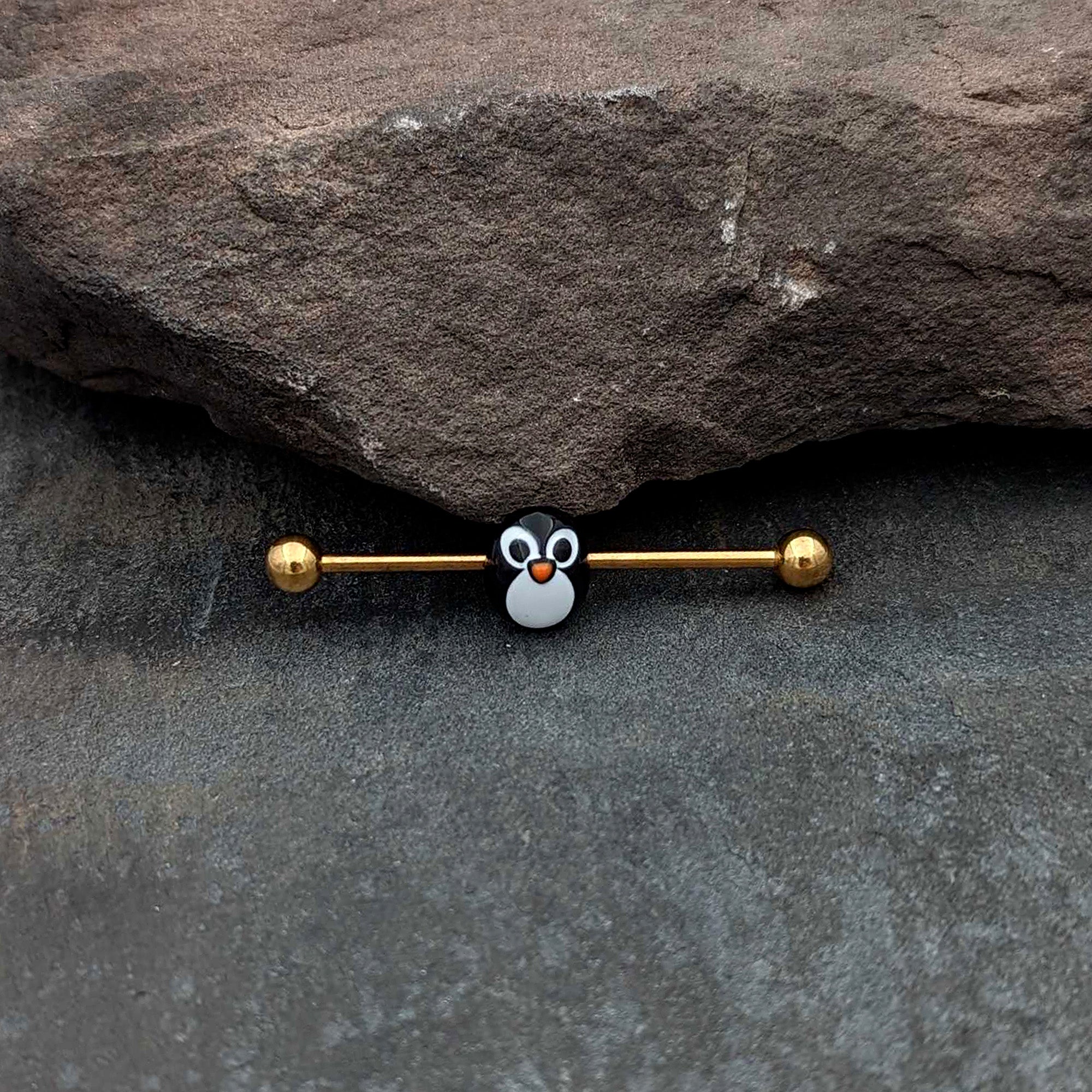 BodyCandy 14G Gold Tone Round Penguin Face Holiday Industrial Barbell 38mm — alternative angle