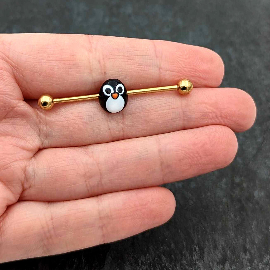 BodyCandy 14G Gold Tone Round Penguin Face Holiday Industrial Barbell 38mm — size reference