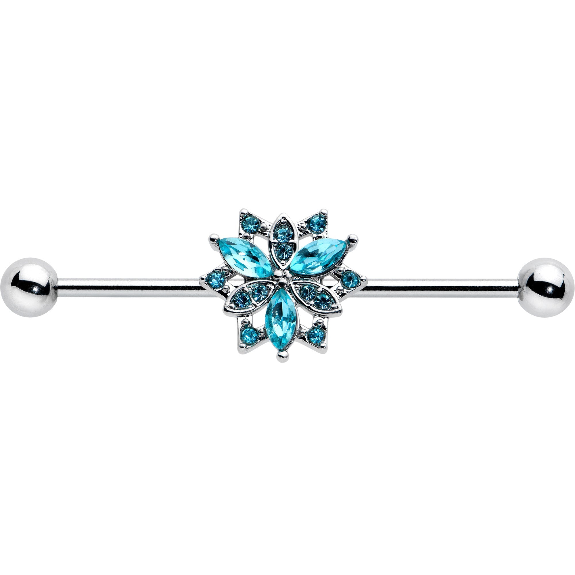 BodyCandy 14G Blue CZ Gem Ornate Snowflake Industrial Barbell 38mm — detail close-up