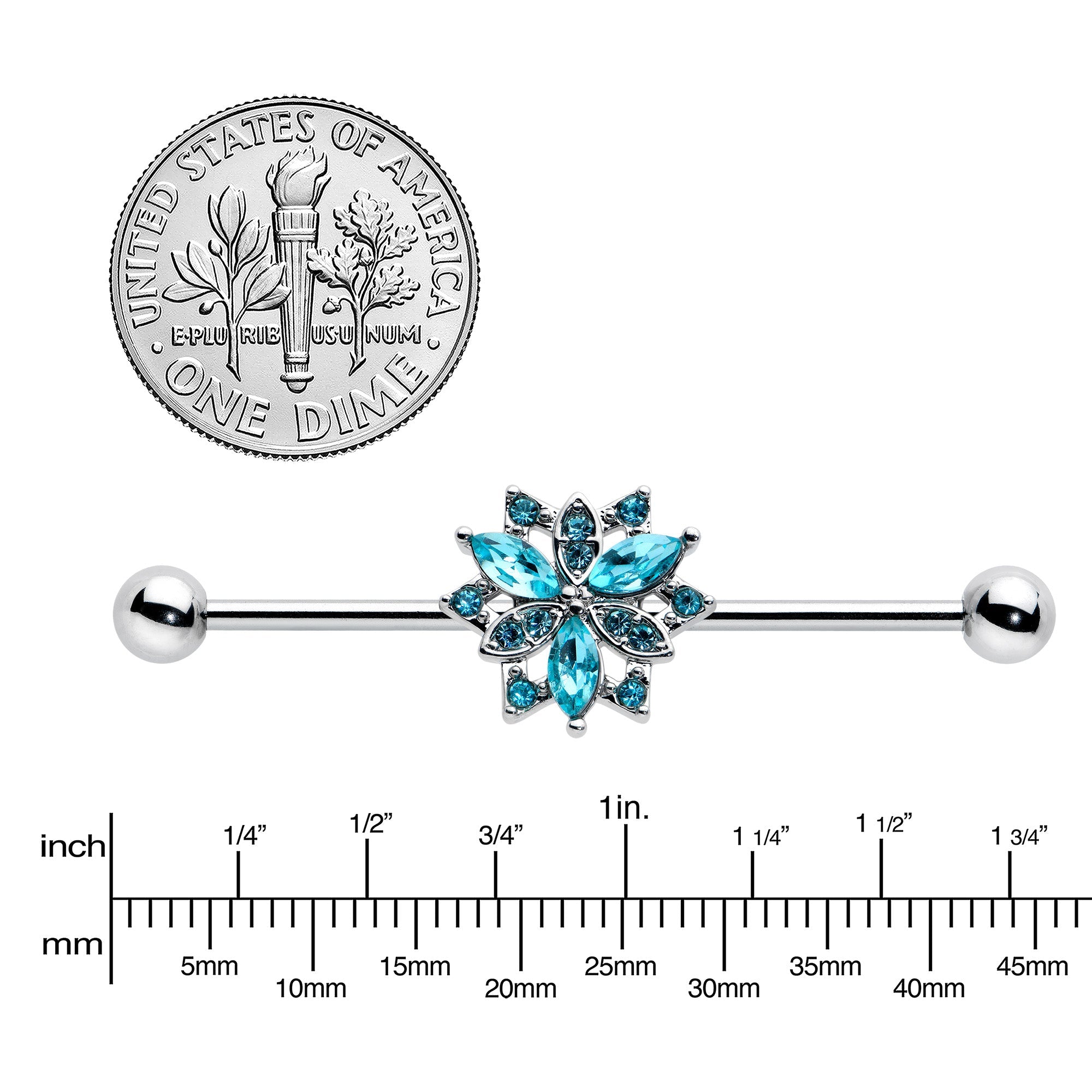 BodyCandy 14G Blue CZ Gem Ornate Snowflake Industrial Barbell 38mm — lifestyle context