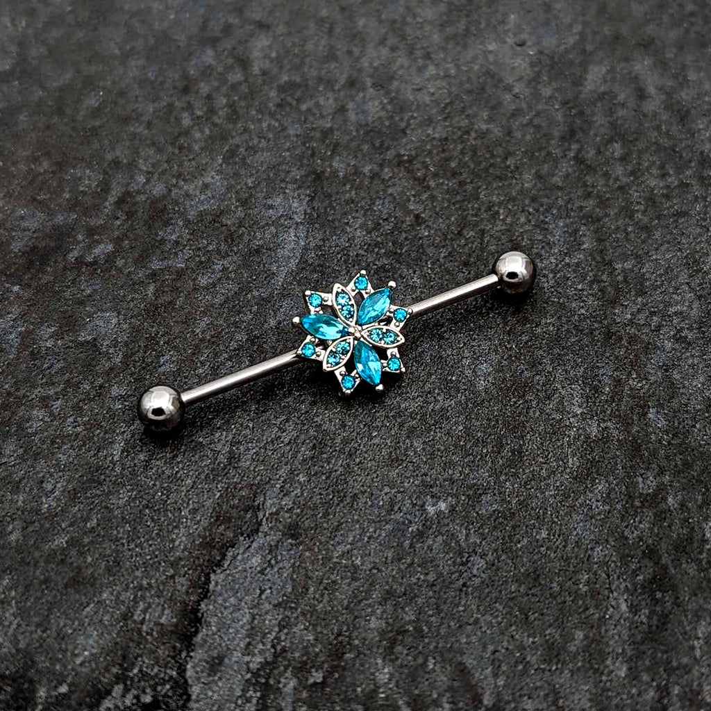 BodyCandy 14G Blue CZ Gem Ornate Snowflake Industrial Barbell 38mm — side view