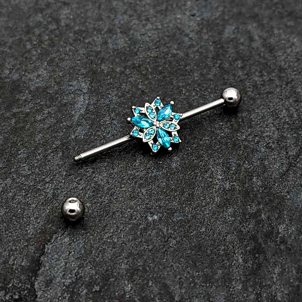 BodyCandy 14G Blue CZ Gem Ornate Snowflake Industrial Barbell 38mm — back view