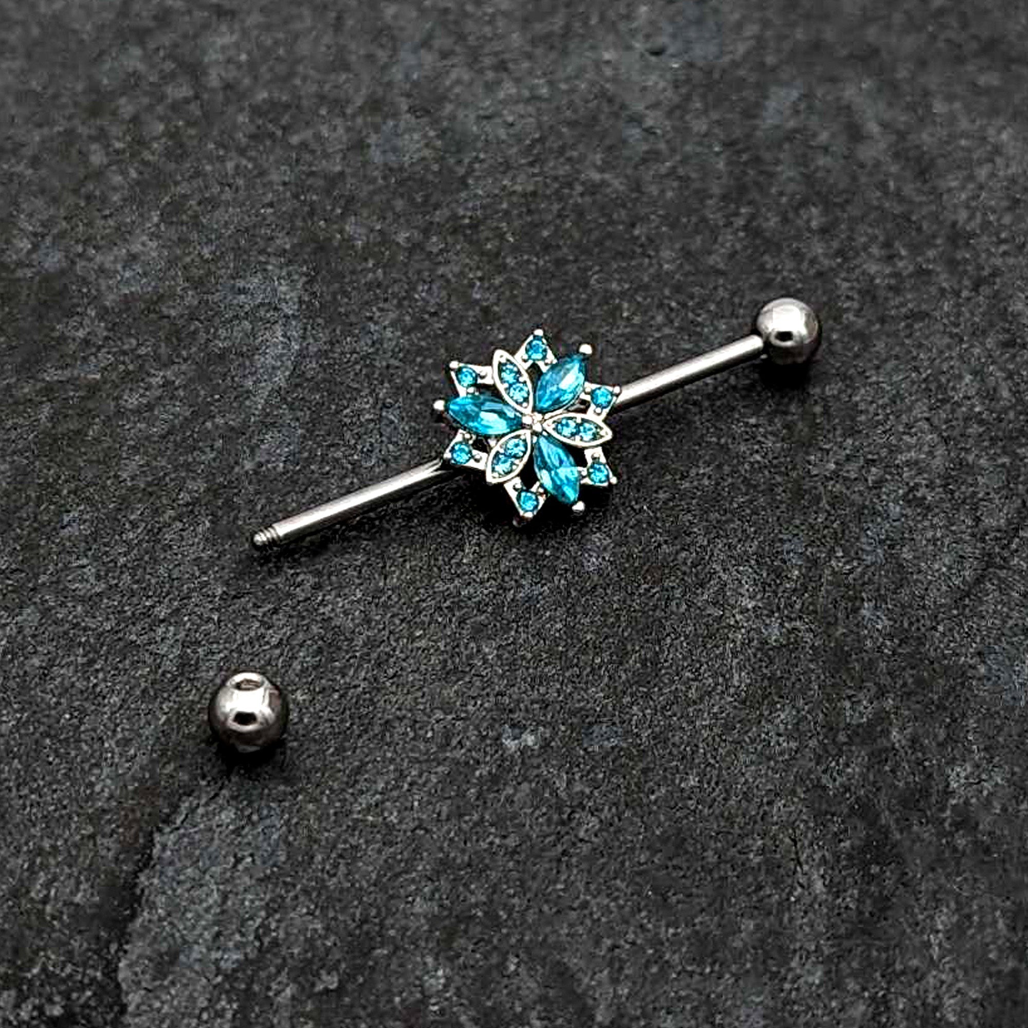 BodyCandy 14G Blue CZ Gem Ornate Snowflake Industrial Barbell 38mm — back view
