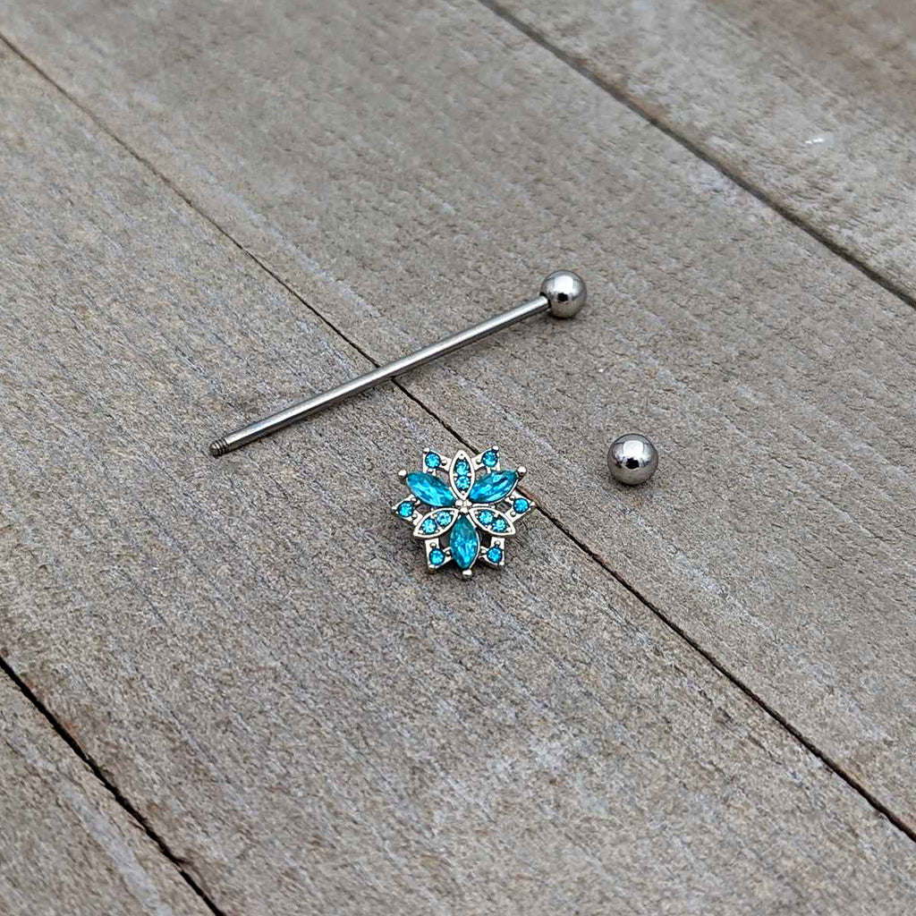 BodyCandy 14G Blue CZ Gem Ornate Snowflake Industrial Barbell 38mm — in-use photo