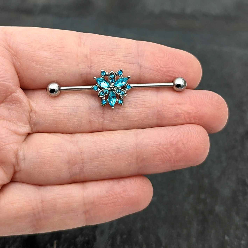 BodyCandy 14G Blue CZ Gem Ornate Snowflake Industrial Barbell 38mm — size reference