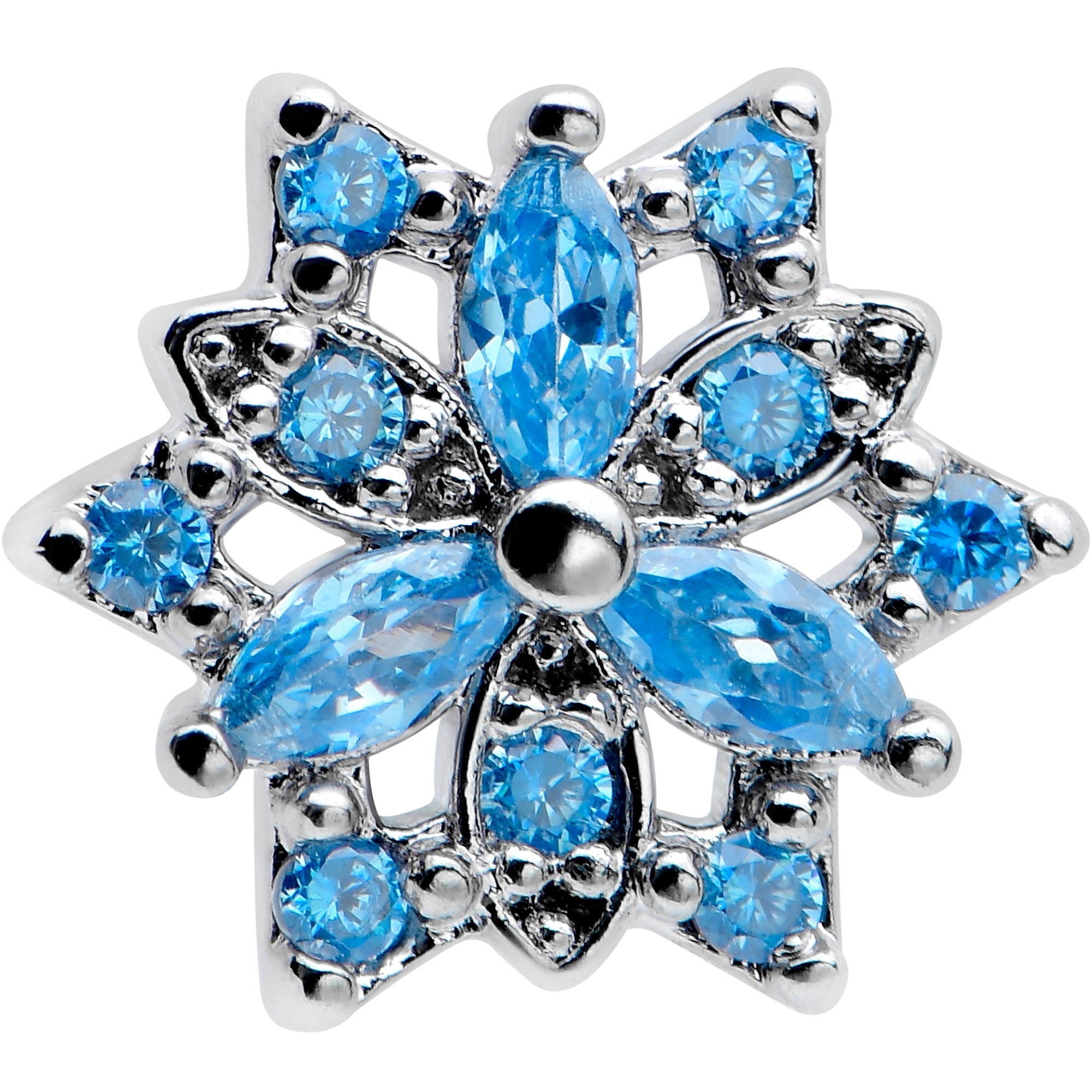 BodyCandy 16G 1/4 Blue CZ Gem Snowflake Blues Cartilage Tragus Earring — detail close-up