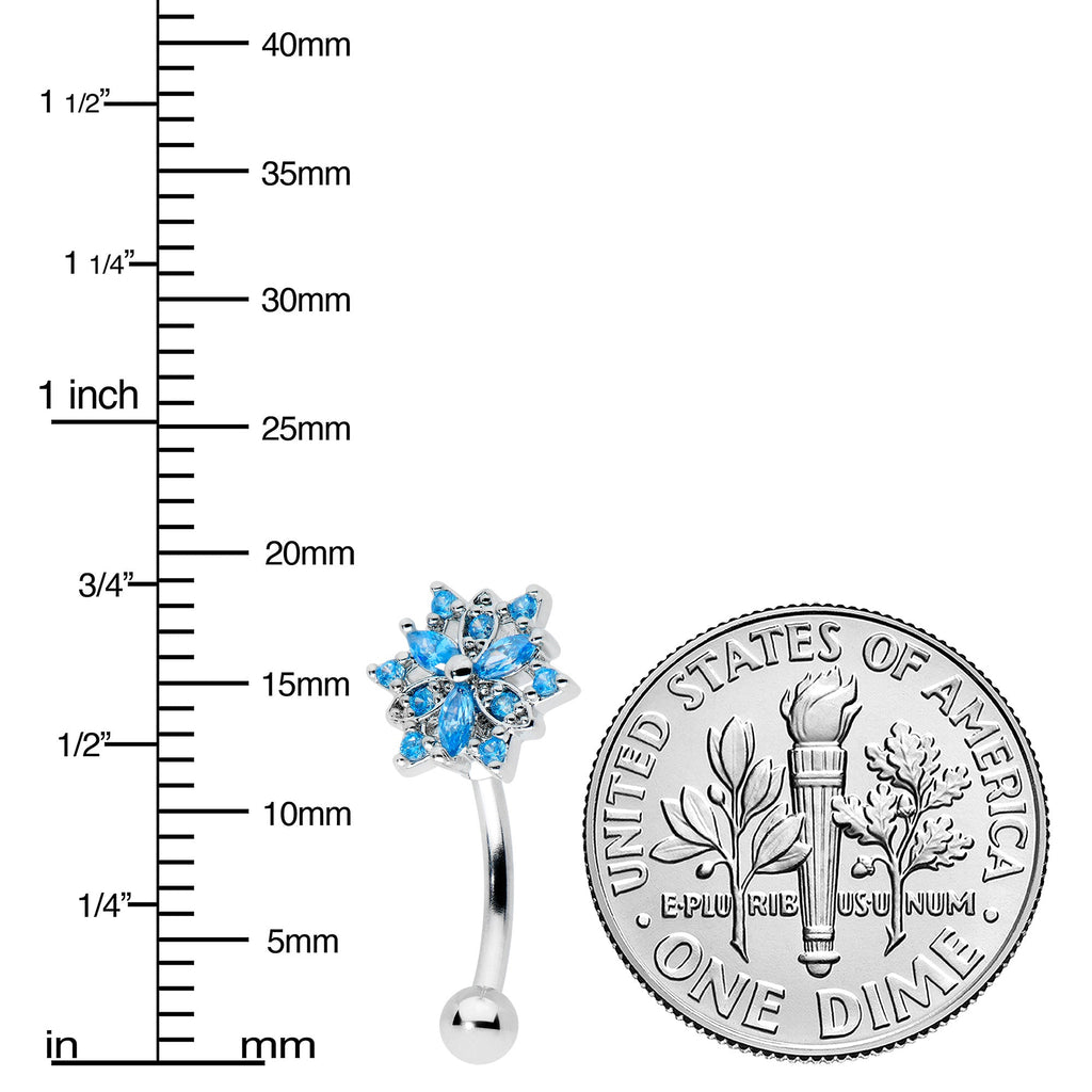 BodyCandy 16G 5/16 Blue CZ Gem Snowflake Blues Curved Eyebrow Ring — detail close-up