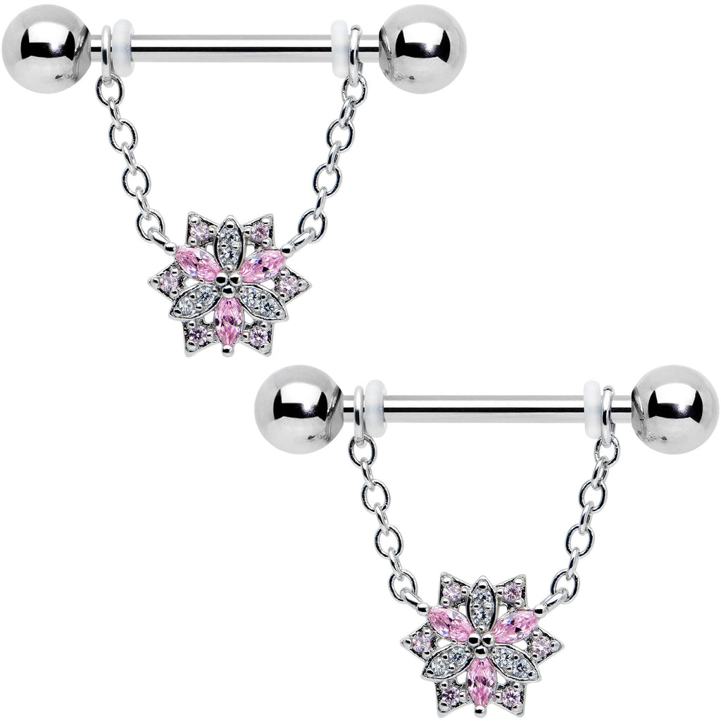 BodyCandy 14G 9/16 Pink Clear CZ Gem Snowflake Chain Dangle Nipple Ring Set — main product shot