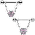 BodyCandy 14G 9/16 Pink Clear CZ Gem Snowflake Chain Dangle Nipple Ring Set — main product shot