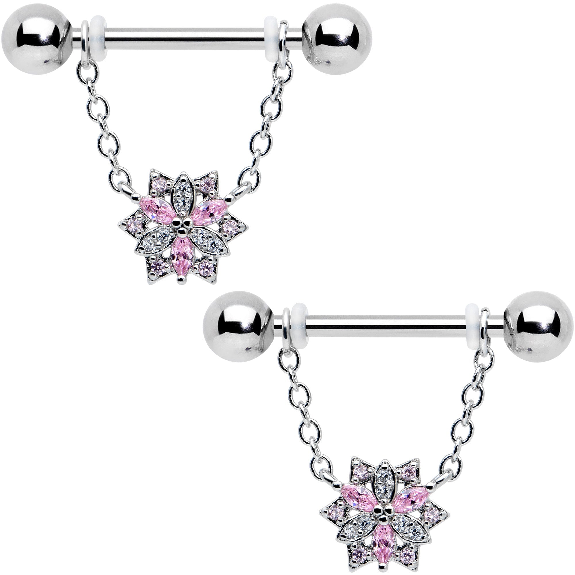 BodyCandy 14G 9/16 Pink Clear CZ Gem Snowflake Chain Dangle Nipple Ring Set — main product shot