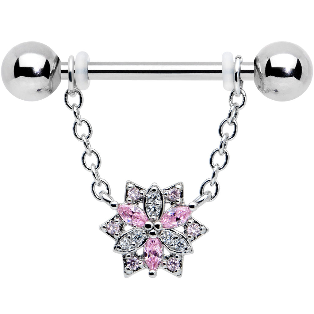 BodyCandy 14G 9/16 Pink Clear CZ Gem Snowflake Chain Dangle Nipple Ring Set — detail close-up