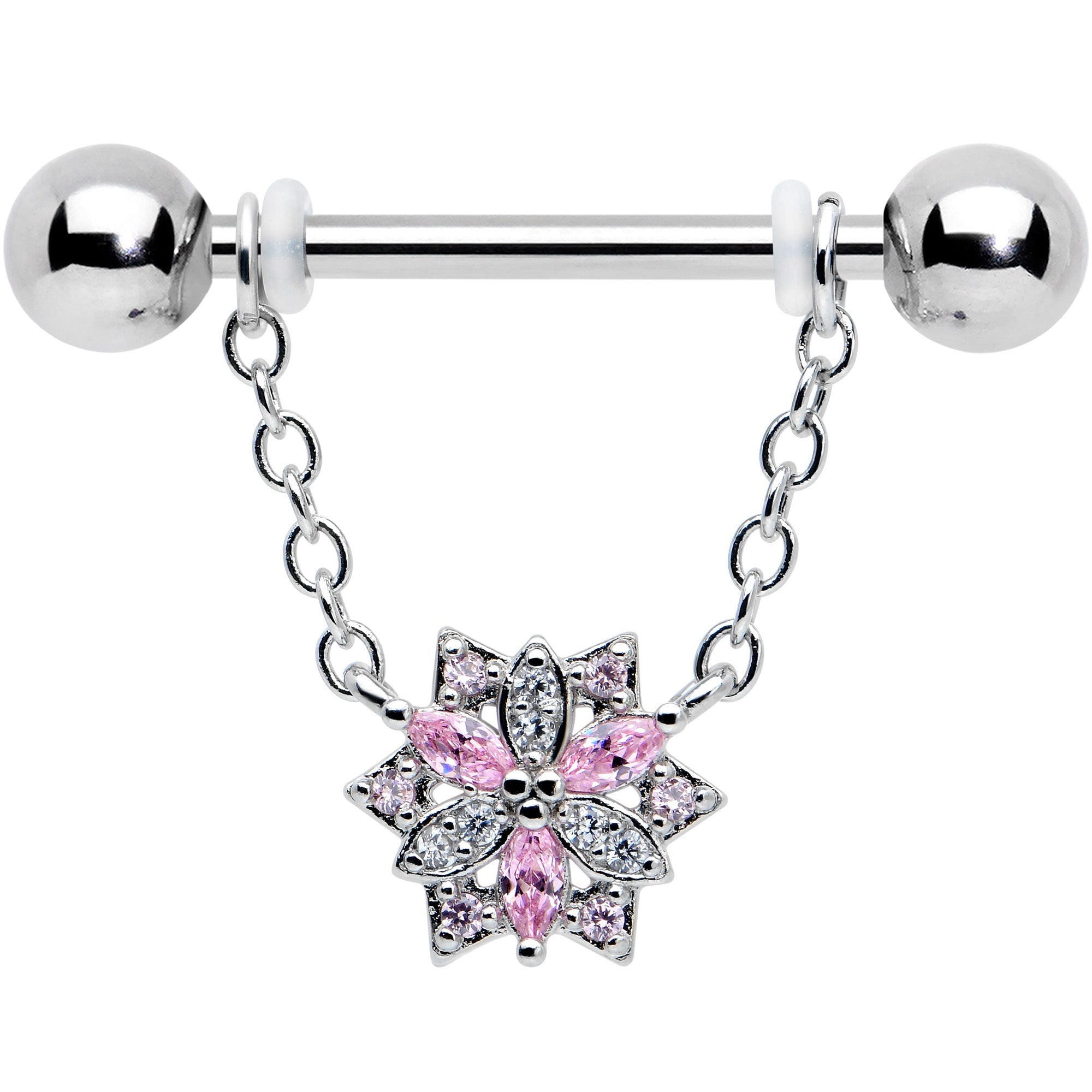 BodyCandy 14G 9/16 Pink Clear CZ Gem Snowflake Chain Dangle Nipple Ring Set — detail close-up