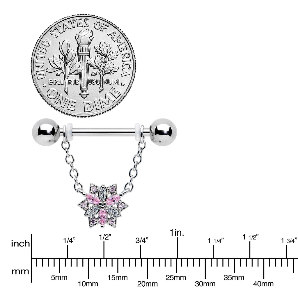 BodyCandy 14G 9/16 Pink Clear CZ Gem Snowflake Chain Dangle Nipple Ring Set — lifestyle context
