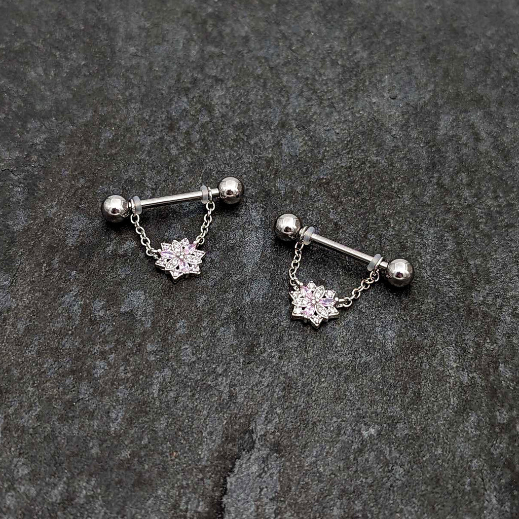 BodyCandy 14G 9/16 Pink Clear CZ Gem Snowflake Chain Dangle Nipple Ring Set — side view