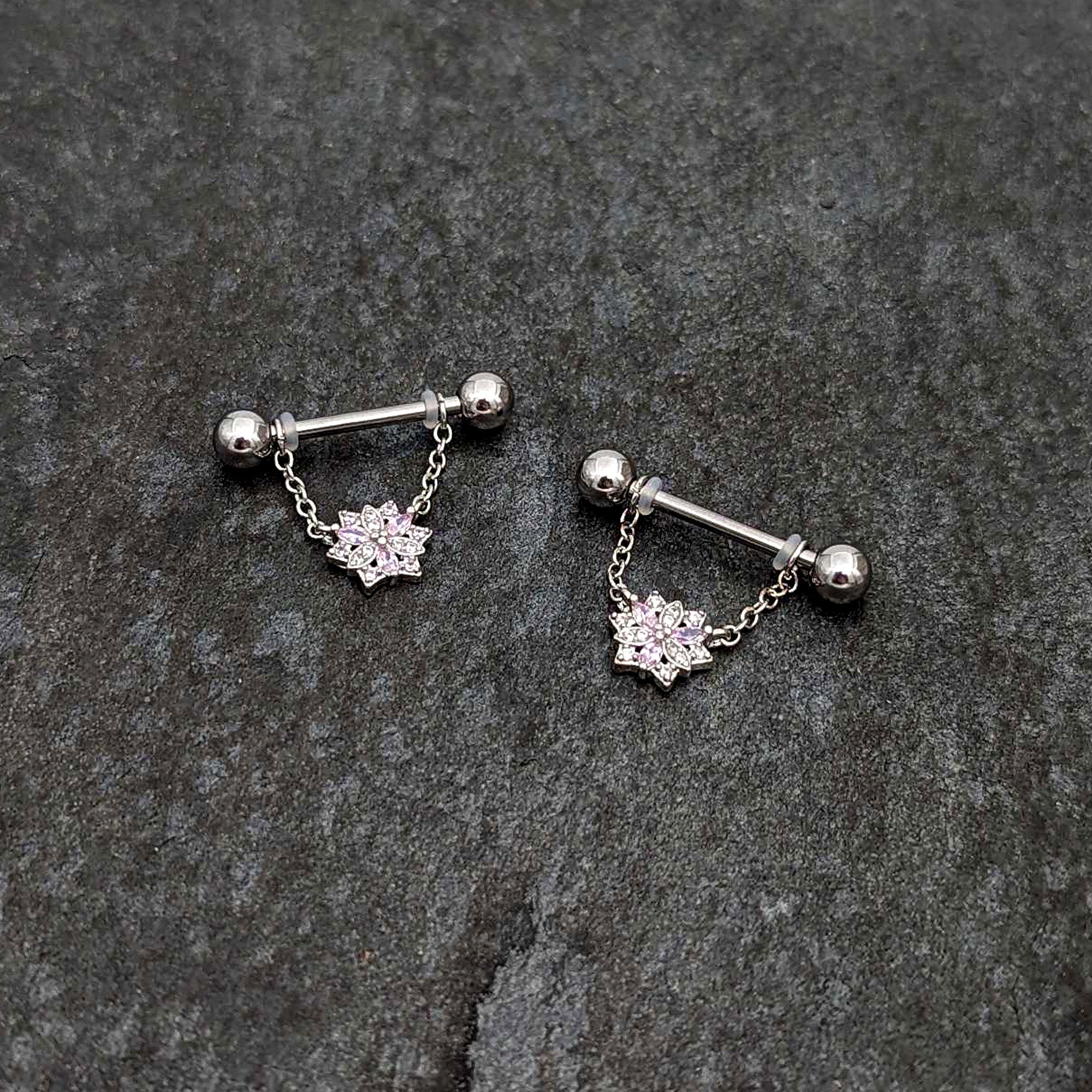 BodyCandy 14G 9/16 Pink Clear CZ Gem Snowflake Chain Dangle Nipple Ring Set — side view