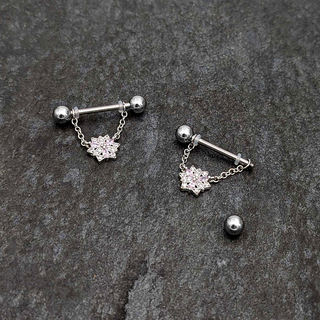 BodyCandy 14G 9/16 Pink Clear CZ Gem Snowflake Chain Dangle Nipple Ring Set — back view