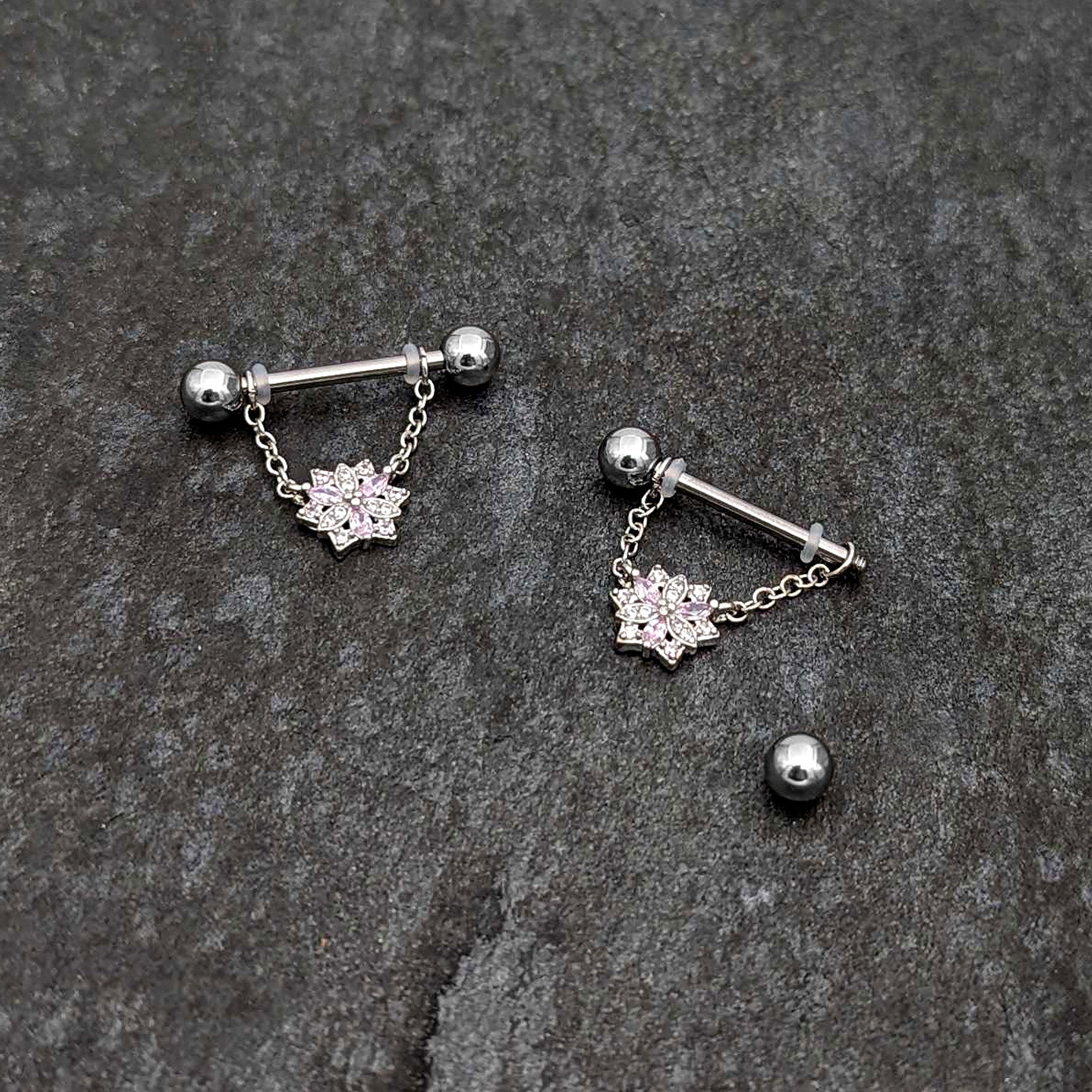 BodyCandy 14G 9/16 Pink Clear CZ Gem Snowflake Chain Dangle Nipple Ring Set — back view