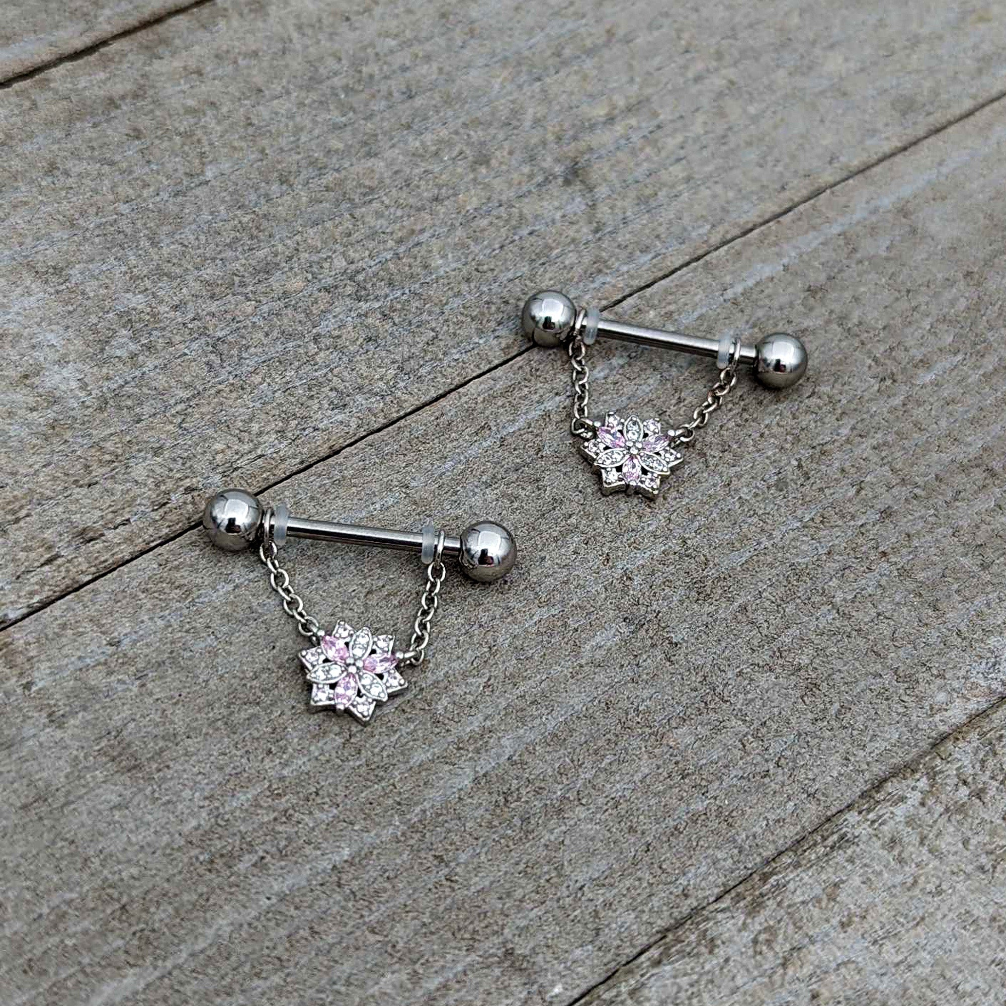 BodyCandy 14G 9/16 Pink Clear CZ Gem Snowflake Chain Dangle Nipple Ring Set — alternative angle