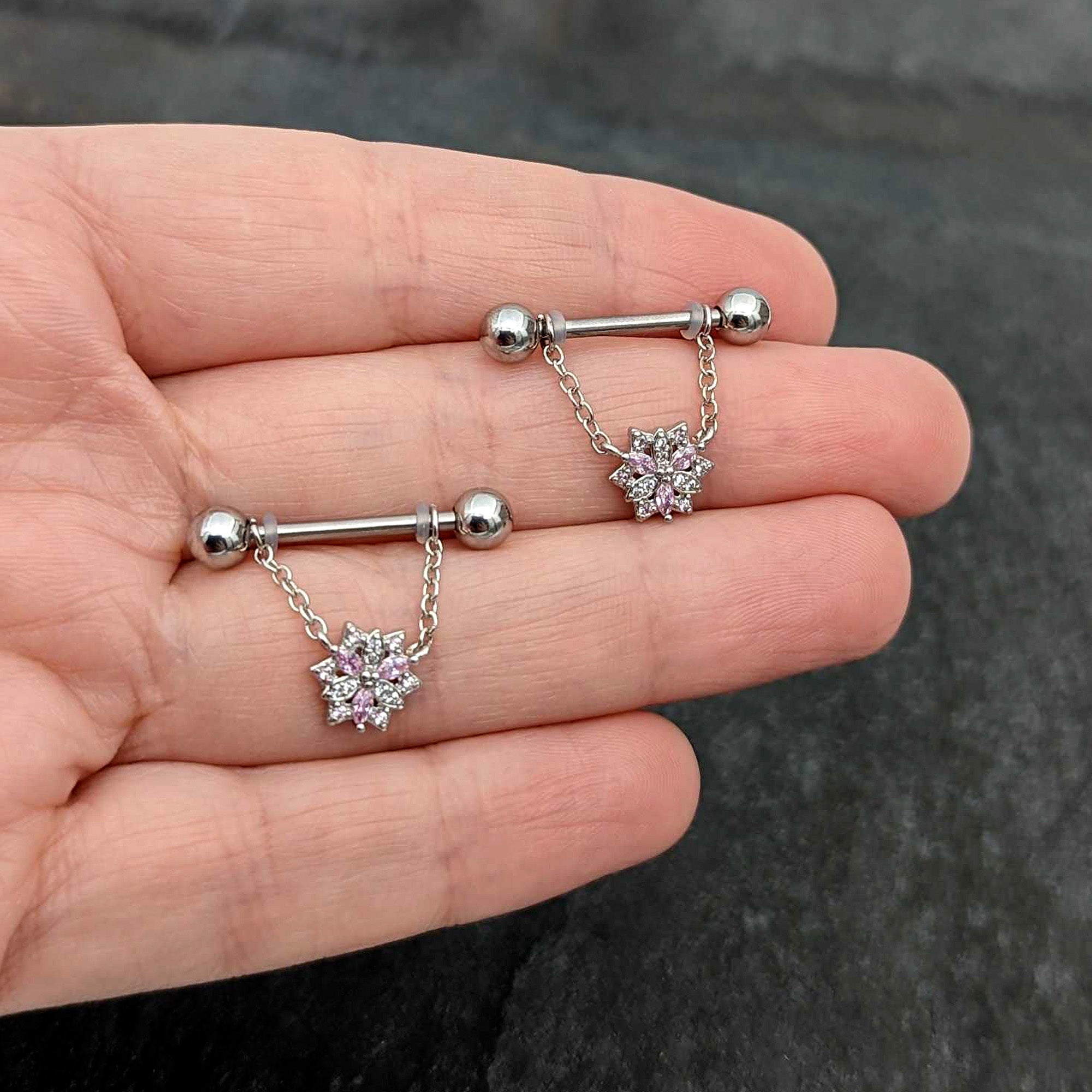 BodyCandy 14G 9/16 Pink Clear CZ Gem Snowflake Chain Dangle Nipple Ring Set — size reference