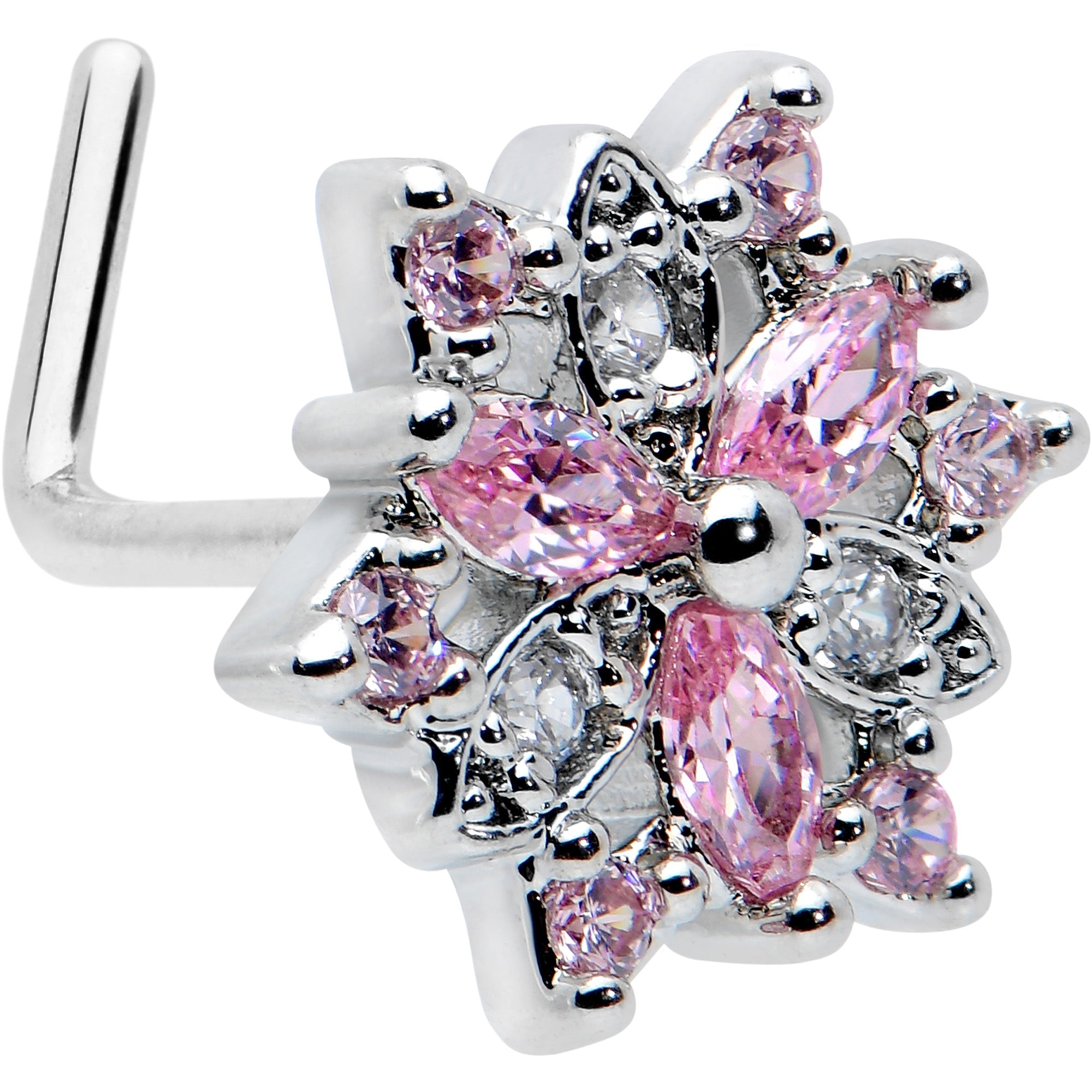 BodyCandy 20G 7mm Pink Clear CZ Gem Snowflake L Shape Nose Ring — main product shot