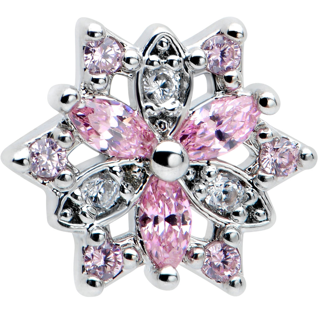 BodyCandy 20G 7mm Pink Clear CZ Gem Snowflake L Shape Nose Ring — detail close-up