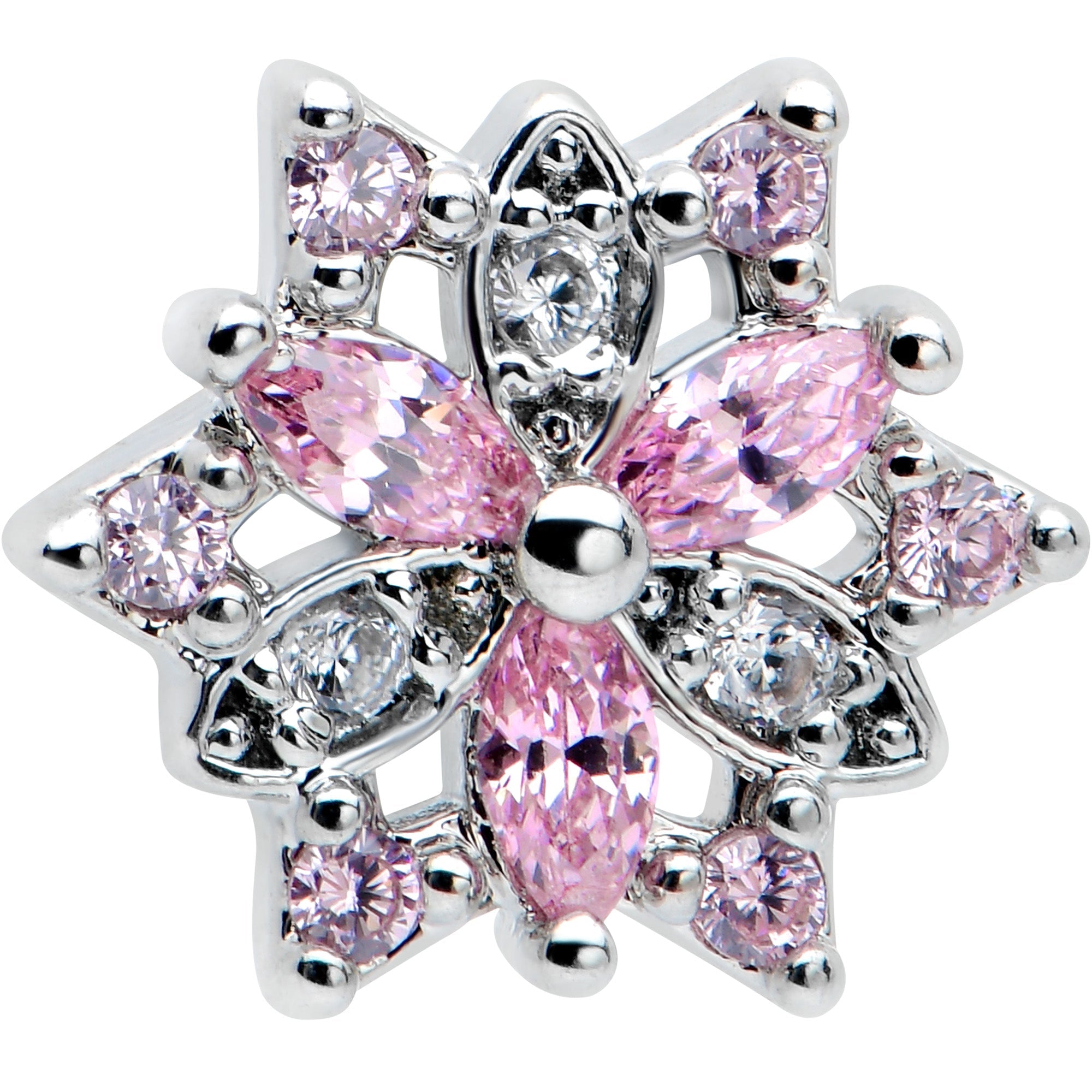 BodyCandy 20G 7mm Pink Clear CZ Gem Snowflake L Shape Nose Ring — detail close-up