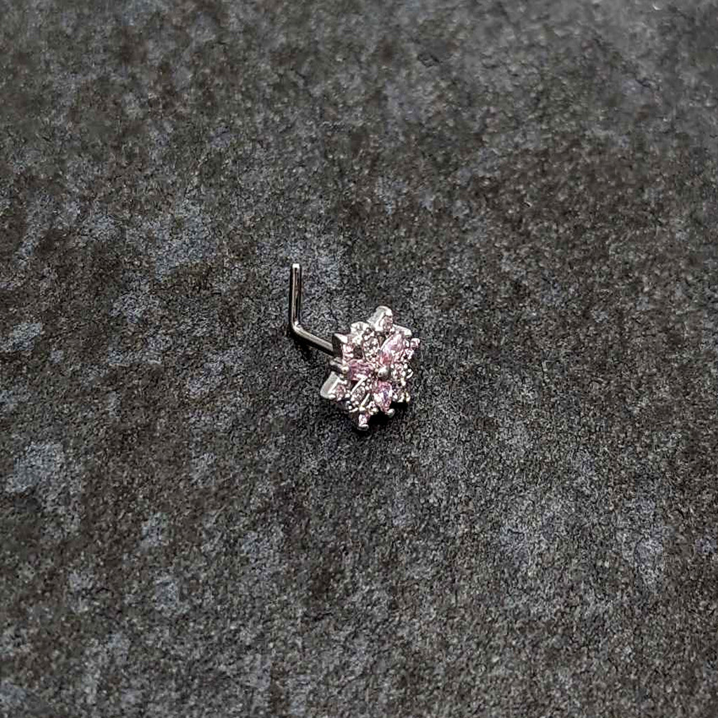BodyCandy 20G 7mm Pink Clear CZ Gem Snowflake L Shape Nose Ring — alternative angle