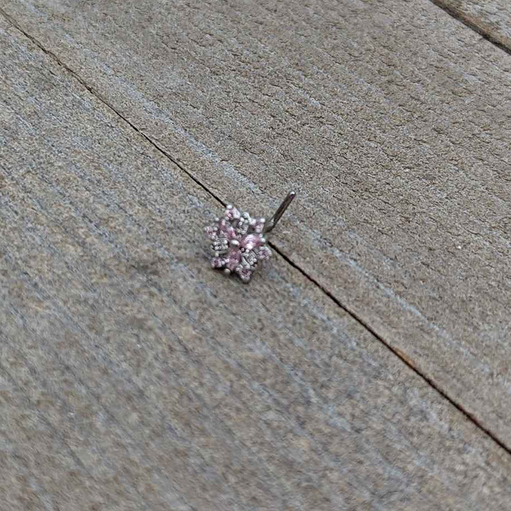 BodyCandy 20G 7mm Pink Clear CZ Gem Snowflake L Shape Nose Ring — in-use photo