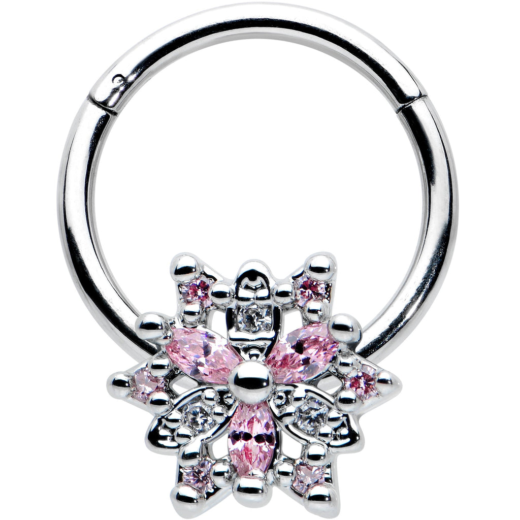 BodyCandy 16G 3/8 Clear Pink CZ Gem Snowflake Hinged Circular Ring — main product shot