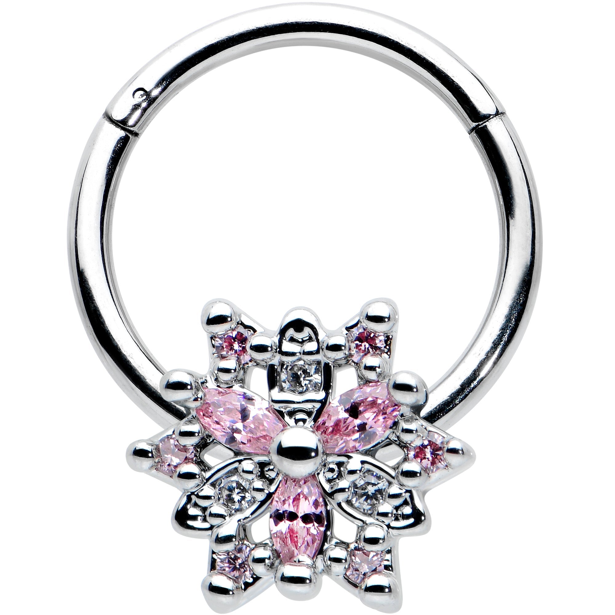 BodyCandy 16G 3/8 Clear Pink CZ Gem Snowflake Hinged Circular Ring — main product shot