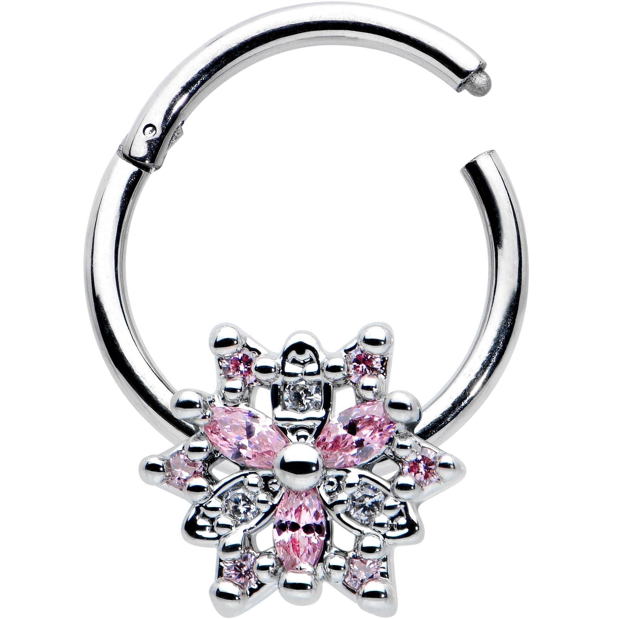 BodyCandy 16G 3/8 Clear Pink CZ Gem Snowflake Hinged Circular Ring — detail close-up