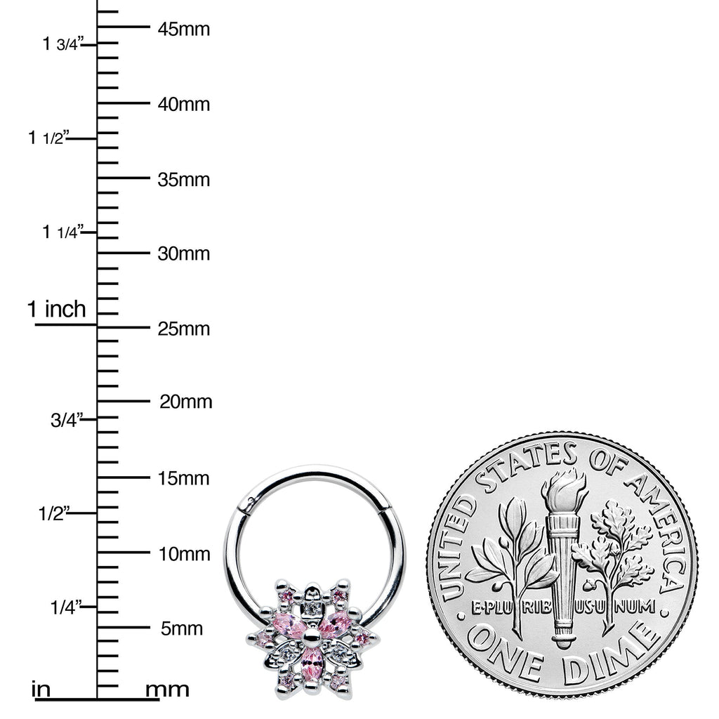 BodyCandy 16G 3/8 Clear Pink CZ Gem Snowflake Hinged Circular Ring — lifestyle context