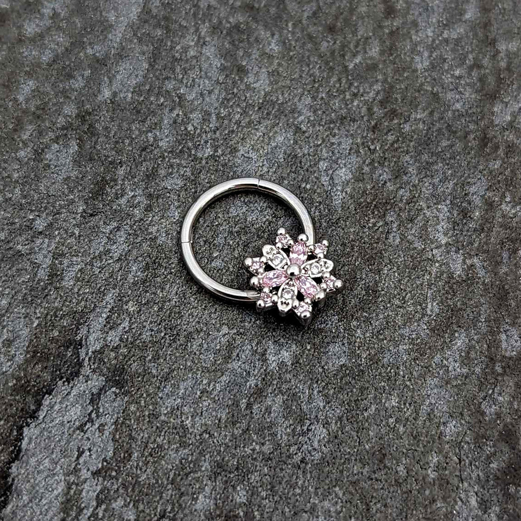 BodyCandy 16G 3/8 Clear Pink CZ Gem Snowflake Hinged Circular Ring — side view