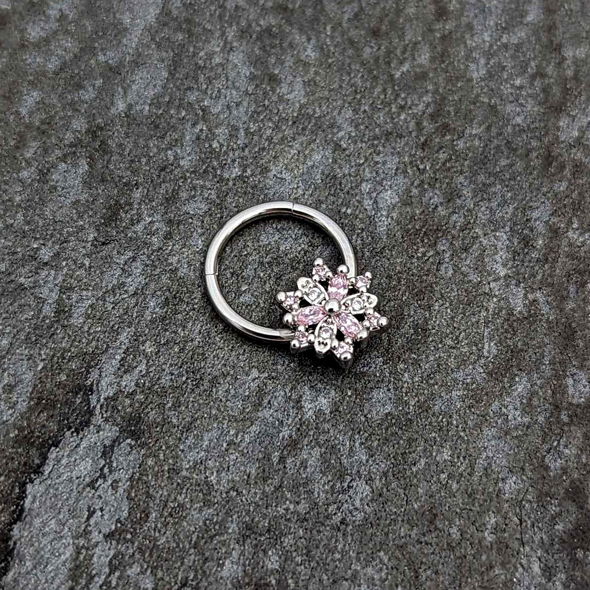 BodyCandy 16G 3/8 Clear Pink CZ Gem Snowflake Hinged Circular Ring — side view