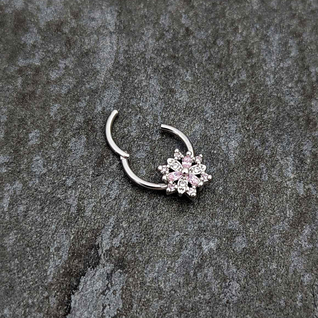 BodyCandy 16G 3/8 Clear Pink CZ Gem Snowflake Hinged Circular Ring — back view