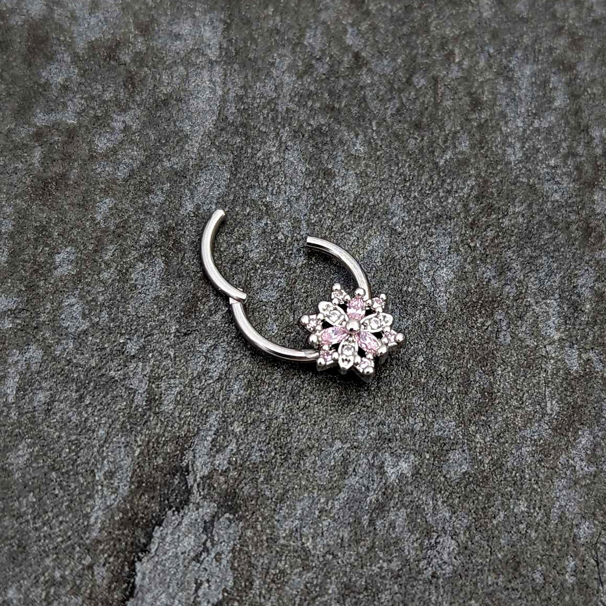 BodyCandy 16G 3/8 Clear Pink CZ Gem Snowflake Hinged Circular Ring — back view