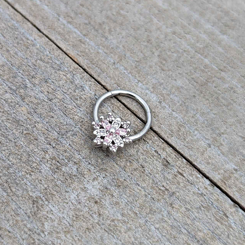 BodyCandy 16G 3/8 Clear Pink CZ Gem Snowflake Hinged Circular Ring — alternative angle