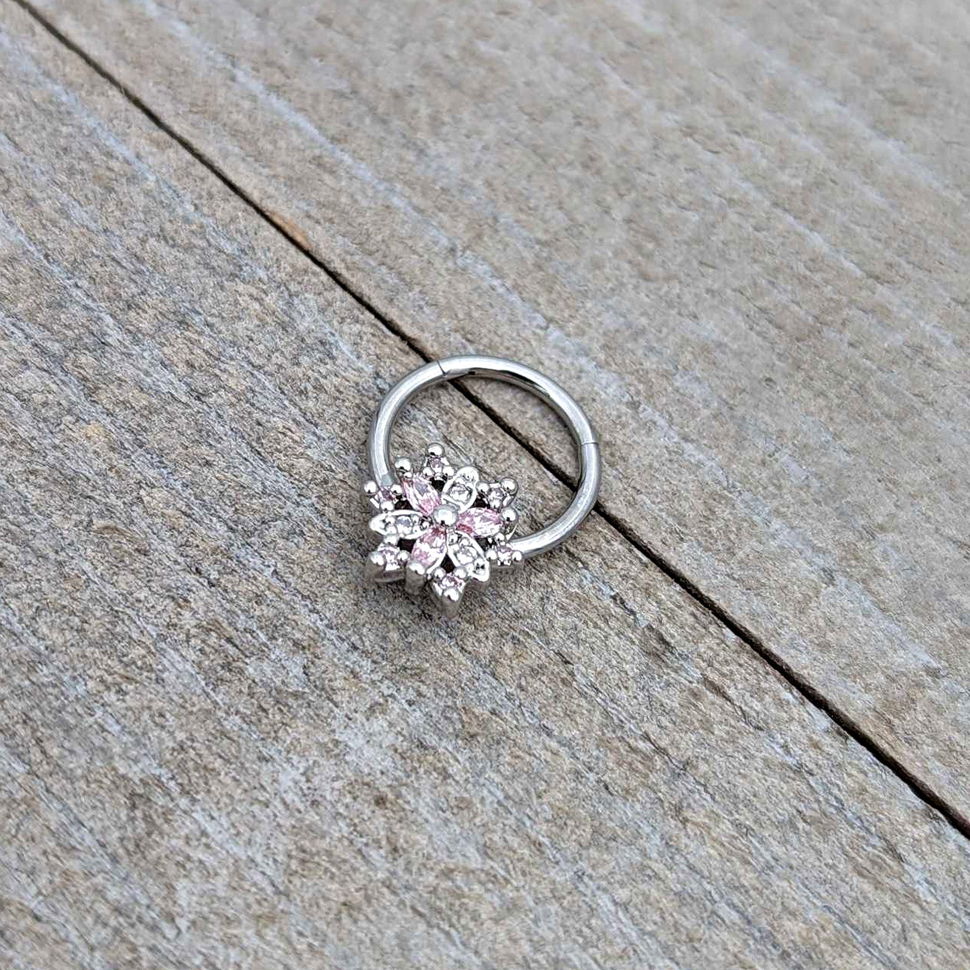 BodyCandy 16G 3/8 Clear Pink CZ Gem Snowflake Hinged Circular Ring — alternative angle