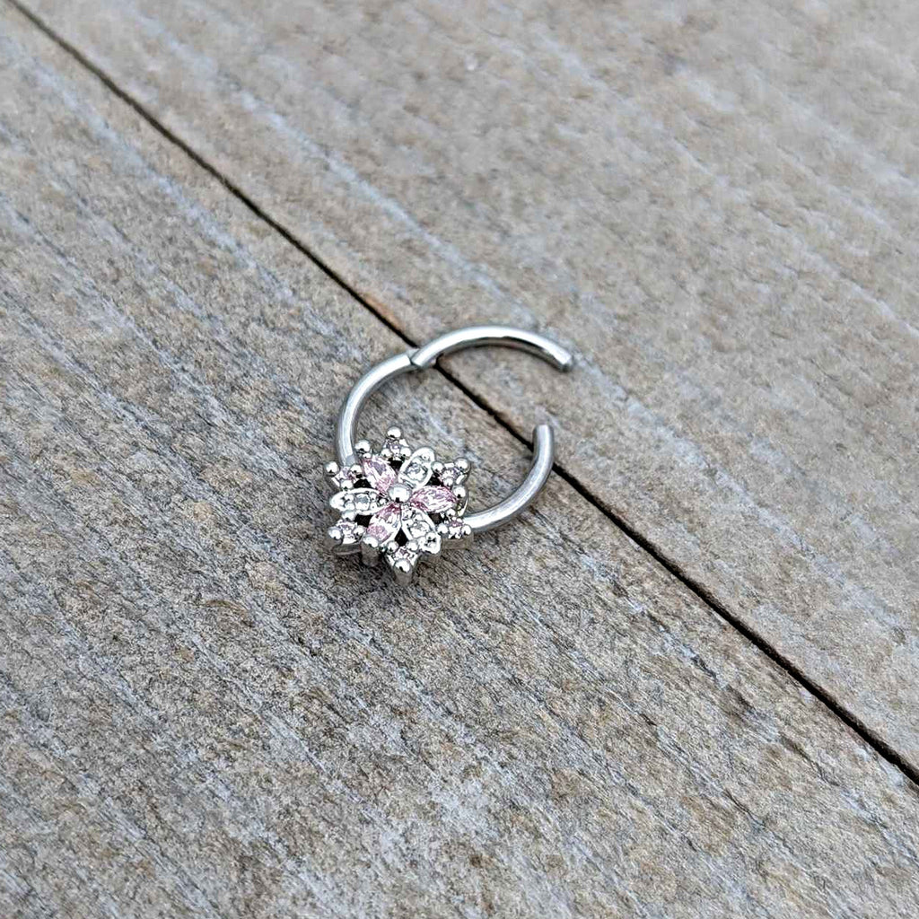 BodyCandy 16G 3/8 Clear Pink CZ Gem Snowflake Hinged Circular Ring — in-use photo
