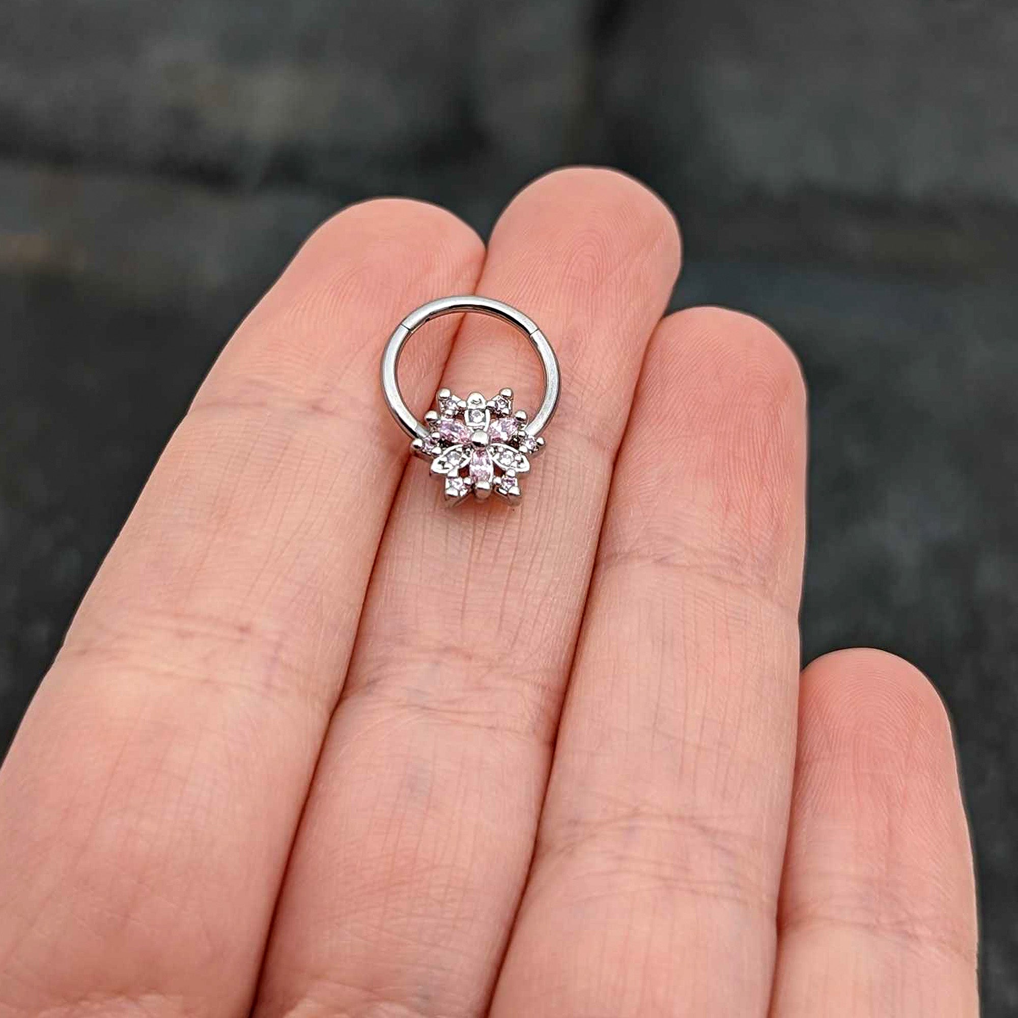 BodyCandy 16G 3/8 Clear Pink CZ Gem Snowflake Hinged Circular Ring — size reference