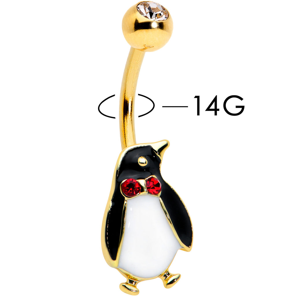 BodyCandy Clear Red Gem Gold Tone Bow Tie Penguin Holiday Belly Ring — detail close-up