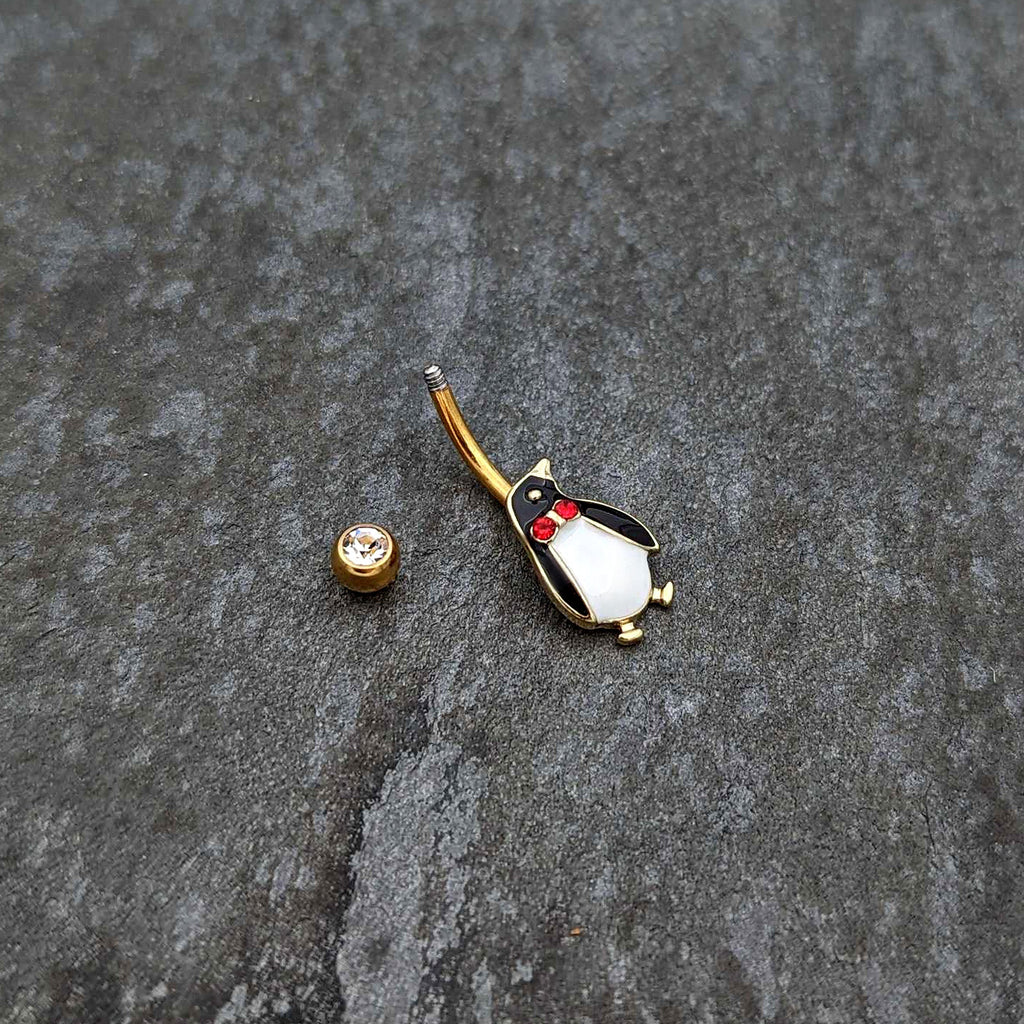 BodyCandy Clear Red Gem Gold Tone Bow Tie Penguin Holiday Belly Ring — back view