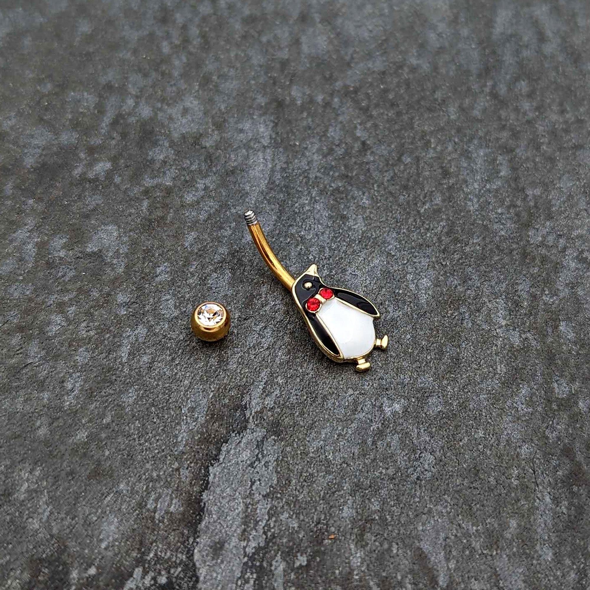 BodyCandy Clear Red Gem Gold Tone Bow Tie Penguin Holiday Belly Ring — back view