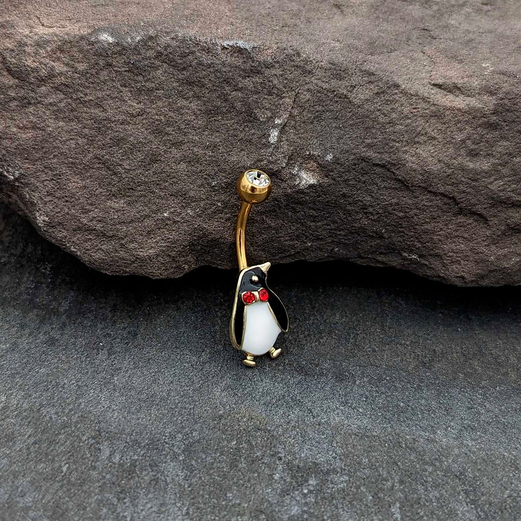 BodyCandy Clear Red Gem Gold Tone Bow Tie Penguin Holiday Belly Ring — alternative angle