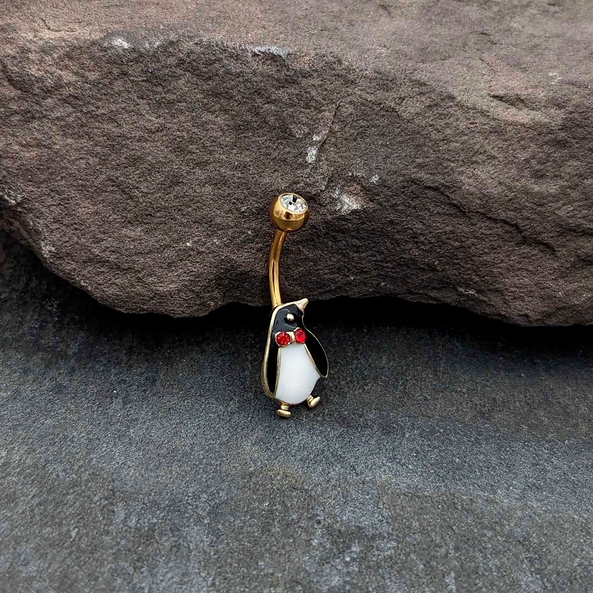 BodyCandy Clear Red Gem Gold Tone Bow Tie Penguin Holiday Belly Ring — alternative angle