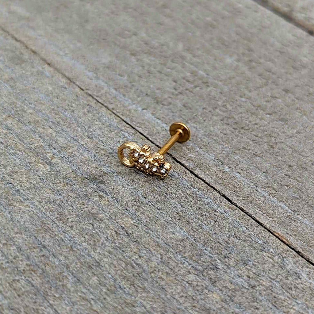 BodyCandy 16G 5/16 Clear Gem Gold Tone Luscious Lizard Labret Monroe Tragus — in-use photo